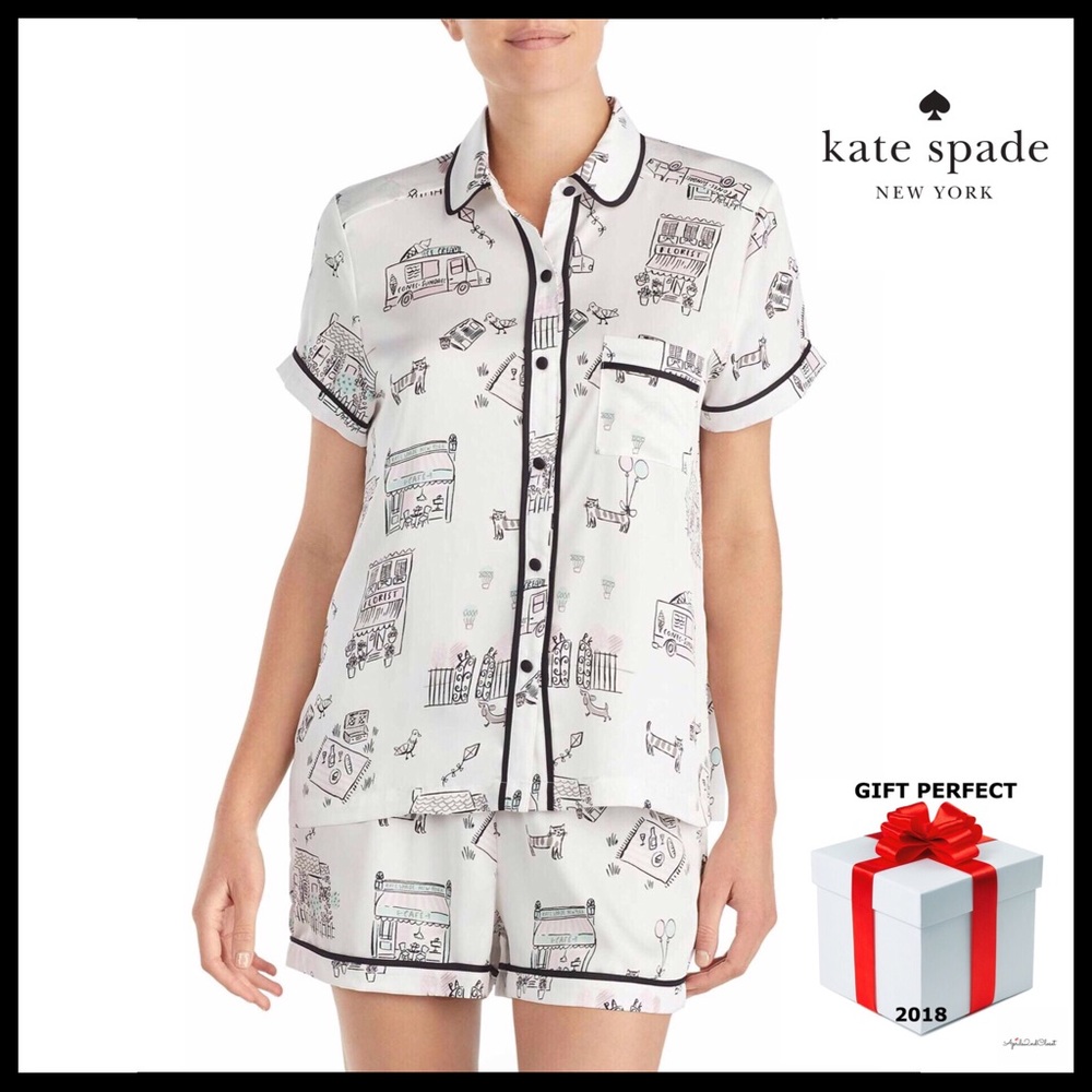 KATE SPADE BLACK PRINT SHORT PJ SET PAJAMAS - Picture 1 of 8